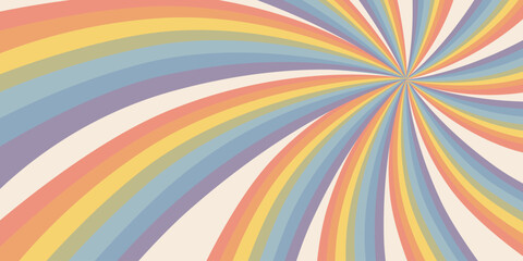 Rainbow swirl background with pastel sunburst rays in abstract psychedelic composition. Rainbow swirl design with curved striped pattern and soft retro tones. Vector illustration