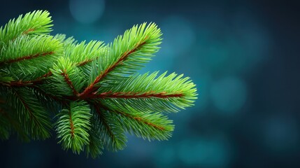 Close-Up View of Fresh Green Pine Branch with Soft Needle Texture and Blurred Background for Nature and Seasonal Themes