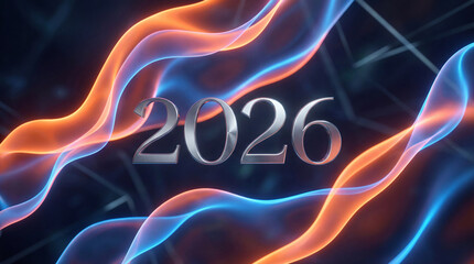 Colorful waves surround the year 2026 in a digital display showing a modern and futuristic design in bright colors against a dark background