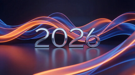 Numbers for the year 2026 with flowing waves of blue and orange light displayed in a dark background setting