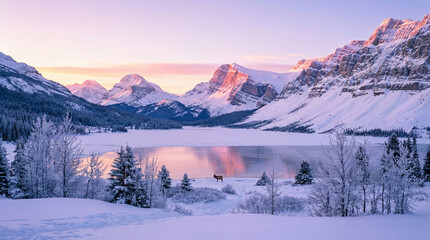 Winter scene with mountains and lake at sunset, featuring a lone animal in the snow near the water and trees in the foreground