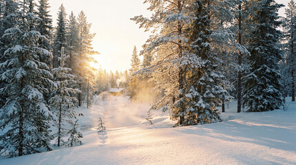 Sunrise in a snowy forest with trees and a cabin in the background during winter months near a calm stream