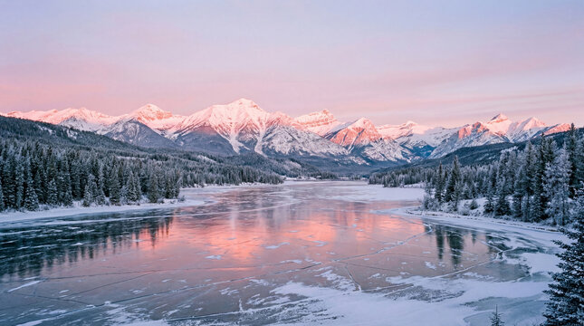 Snow-covered mountains and frozen lake reflect soft pink sky in Colorado during winter season at dusk with trees lining the shore creating a natural landscape scene