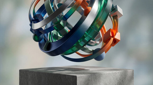 Colorful abstract sculpture levitating above a gray pedestal with curves and geometric shapes set against a blurred background - Powered by Adobe
