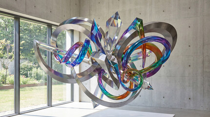 Large colorful sculpture stands in front of glass windows showing outdoor greenery during daylight in an art gallery