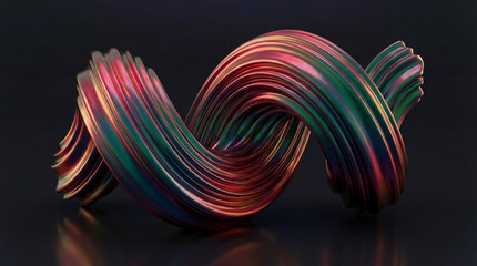 Colorful twisted sculpture created using digital art techniques displayed against a dark background highlighting its unique shape and vibrant colors
