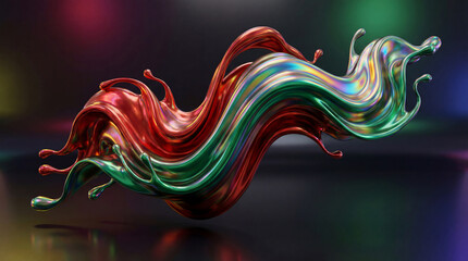 Colorful wave of liquid in red and green tones flows smoothly across a dark background with subtle light reflections