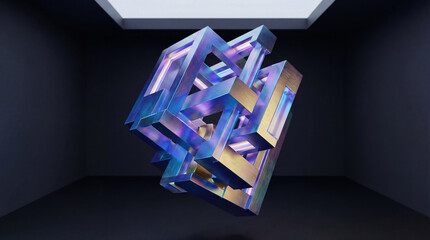 Sculpture of geometric shapes suspended in space in an art gallery showcasing modern design and creativity at a specific time