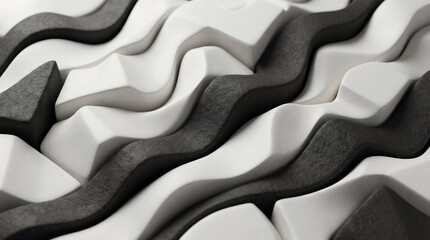 Shapes made of black and white material arranged in a wavy pattern on a surface for a design project or artistic display