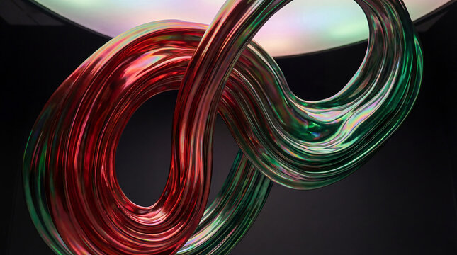 Fluid shapes intertwine in red and green colors under soft light in an abstract setup creating a visual representation of movement and continuity