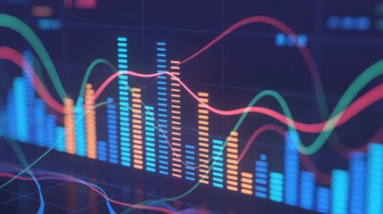 Dynamic abstract graph representing financial trends and data analysis. The vibrant visuals depict market fluctuations and economic growth.