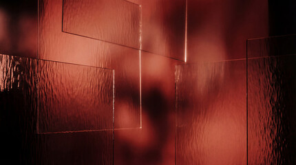 Light plays on textured glass panels in a warm, reddish setting in a modern indoor space during the evening hours