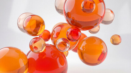 Abstract formation of transparent and colored spheres in shades of orange floating against a plain background