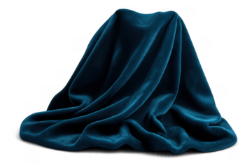 Luxurious teal velvet drapery covering hidden object on transparent background symbolizing mystery and elegance