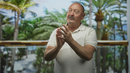 Man senior hispanic clasping hands and gesturing on a balcony in a building with palm trees and glass railing; serenity reflection.