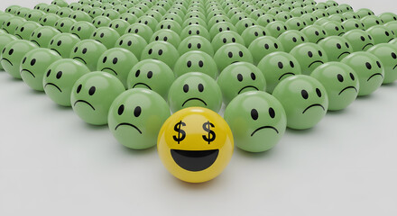 Yellow smile emoji with dollar eyes in grey sadness emojis . leadership and team work concept and Geldgier with emoticons 