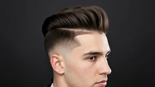Stylish men's hair transformation showcasing trendy fade and voluminous quiff from various angles