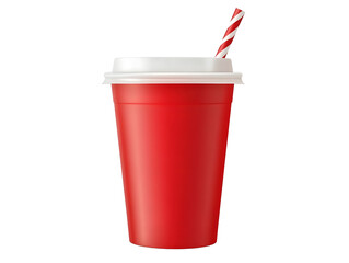 red paper cup with white plastic lid and striped straw isolated on transparent background