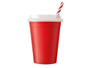 red paper cup with white plastic lid and striped straw isolated on transparent background