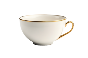 Tea in white cup with gold rim isolated on white background Close up Copy space
