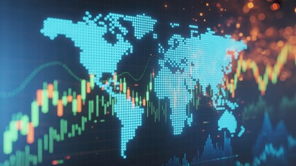 A global financial data analysis displayed on a digital screen, with world map, and data visualization 