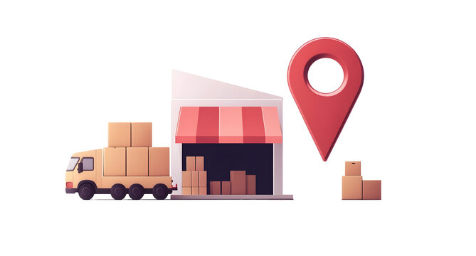 A store location sign with a large red pointer on a white background a small truck and cargo boxes near the shop A vector illustration of an online shop