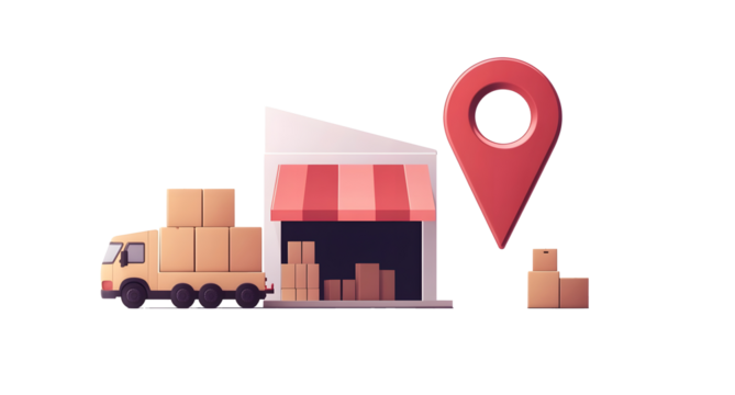 A store location sign with a large red pointer on a white background a small truck and cargo boxes near the shop A vector illustration of an online shop