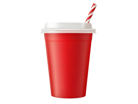 red paper cup with white plastic lid and striped straw isolated on transparent background