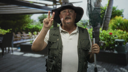 Man fisherman wearing wide hat and olive fishing vest holds a landing net pole and raises his right hand showing three fingers on a poolside deck beside a building; confidence.