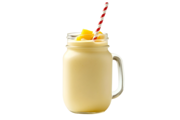 A mason jar of milk shake and bright yellow mango around and a redwhite striped straw isolated on a white background A glass full of fresh tasty and sw