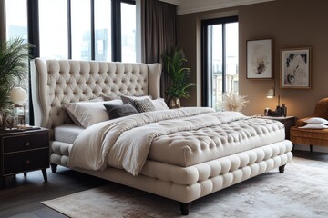 Fototapeta premium Elegant Bed Base with Tufted Design and Cozy Bedding