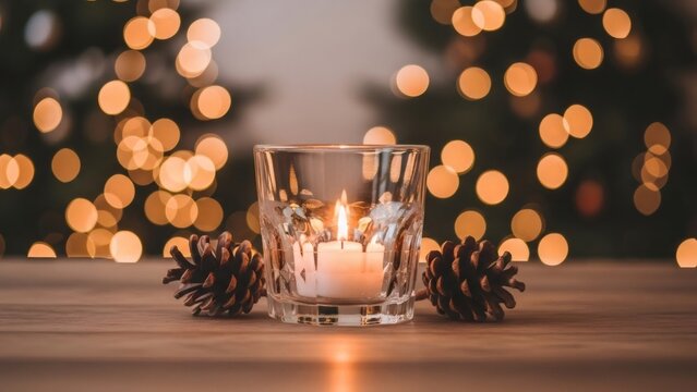 Lit candle in a glass holder with pine cones on a wooden table. Festive Christmas bokeh background for celebration and holiday season. - Powered by Adobe