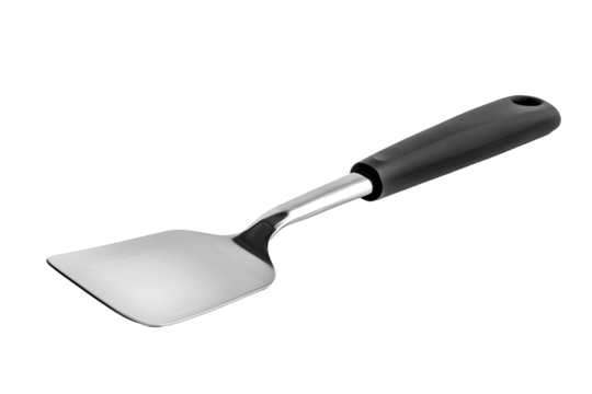 One metal spatula with black handle isolated on white