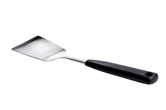 One metal spatula with black handle isolated on white