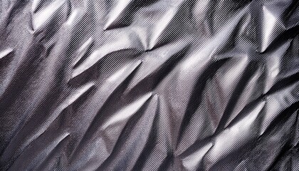 metallic silver crumpled fabric texture with embossed grid pattern and deep shadows for abstract wallpaper or modern banner background