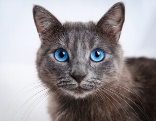a close up of an elegant gray cat with blue eyes looking directly at the camera