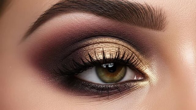 Captivating eye makeup: glittery gold eyeshadow with bold brow movement