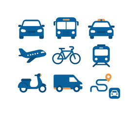 Naklejka premium Transportation icons collection featuring cars, bikes, and public transit in a flat design style