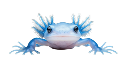 Blue axolotl with intricate gills on transparent background