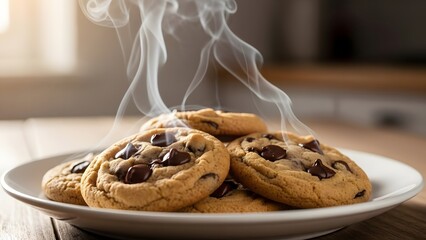 Close-up of Freshly Baked Chocolate Chip Cookies on a White Plate with Visible Steam Rising, Served on a Wooden Tabletop