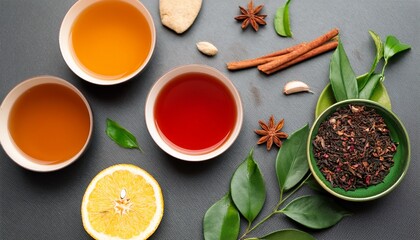 aromatic tea flatlay cups leaves spices flatlay photography