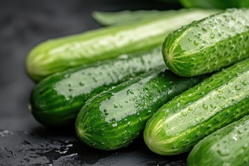 Fresh cucumbers on green background close-up