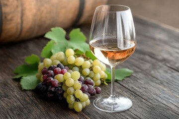 Glass Of White Wine With Grape Clusters On Wooden Table Close-Up