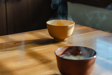 Steaming miso soup morning
