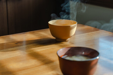Steaming miso soup morning
