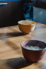 Steaming miso soup morning
