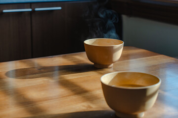 Steaming miso soup morning
