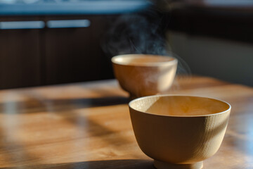 Steaming miso soup morning
