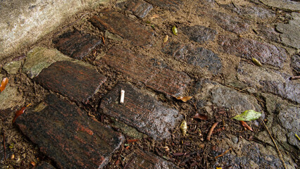 A thrown away used cigarette end with filter is lying on the ground 