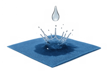 Water drop splashing on blue waterproof fabric creating crown effect, liquid surface tension against absorption on transparent background